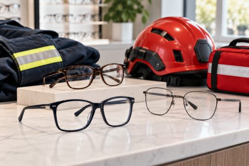 Three pairs of eyeglasses on a marble counter beside a red rescue helmet, a navy jacket with reflective stripes and a first aid bag