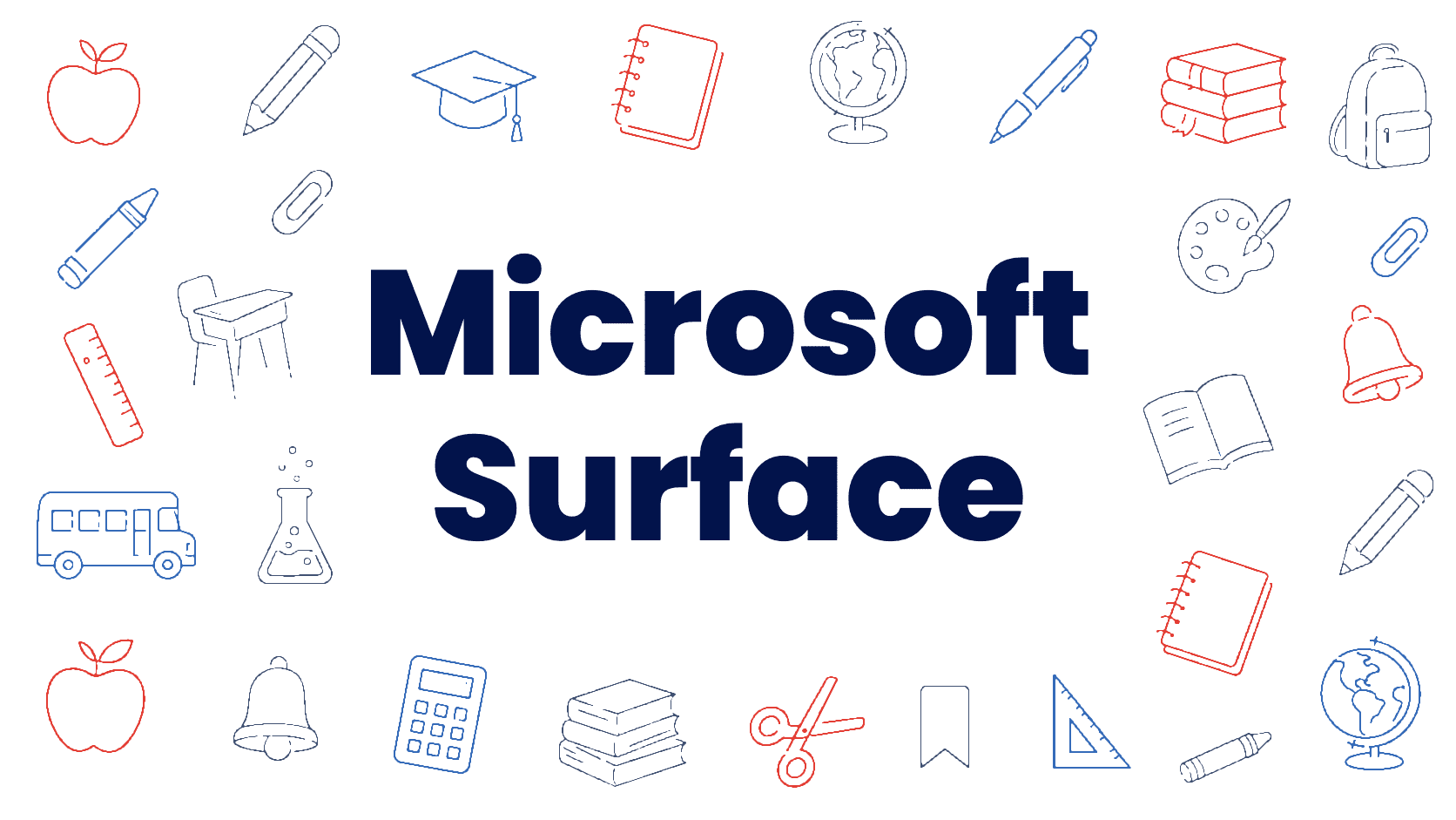 The words Microsoft Surface in bold navy letters surrounded by hand-drawn school supply icons