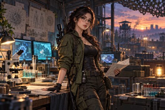 Amelia, a Wings of Dawn hero from Last Z: Survival Shooter, with her scoped rifle in a survivor base research lab