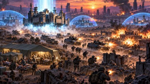 A Saturday raid into a rival alliance's state in Last Z: Survival Shooter, shielded bases glowing while armoured columns strike the unshielded ones