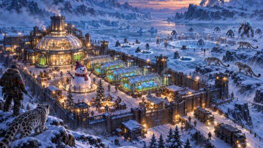 A survivor base in a frozen tundra with a glowing bio lab and greenhouses, snow leopards and a yeti beyond the walls, in Last Z: Survival Shooter