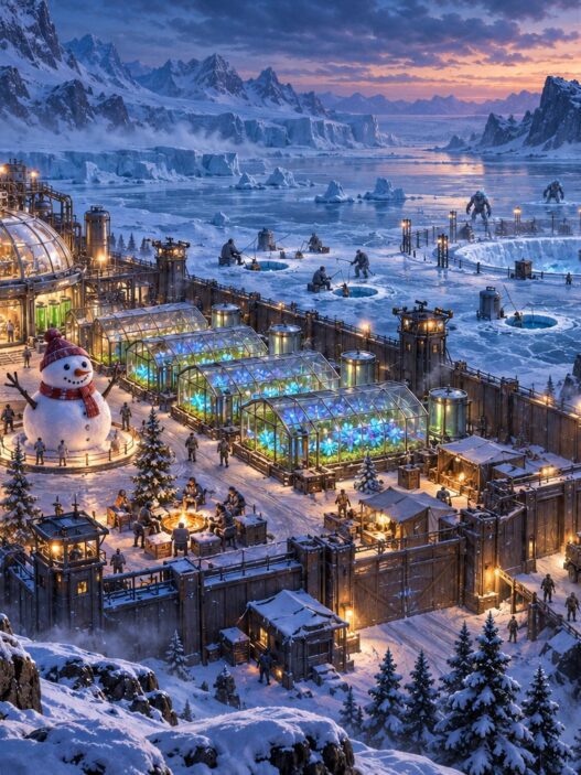 A survivor base in a frozen tundra with a glowing bio lab and greenhouses, snow leopards and a yeti beyond the walls, in Last Z: Survival Shooter