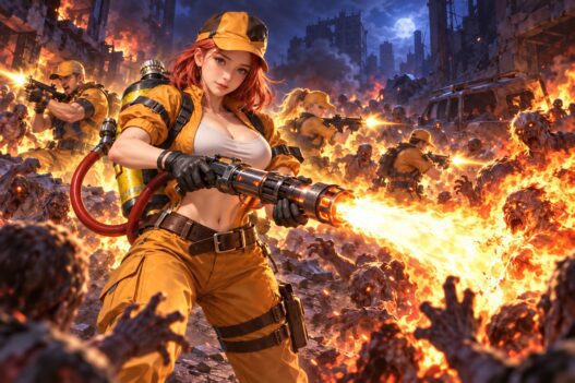 Fiona, a Wings of Dawn hero from Last Z: Survival Shooter, sweeping a flamethrower across a zombie pack