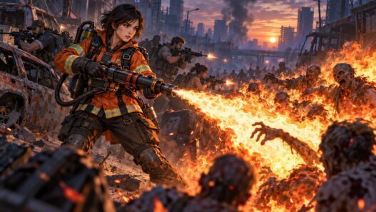 Fiona, a Wings of Dawn hero from Last Z: Survival Shooter, sweeping a flamethrower across a zombie pack