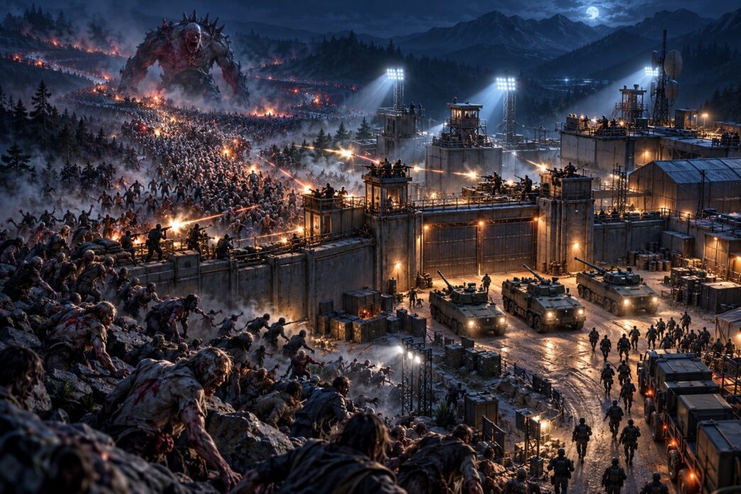 Waves of zombies hitting an alliance base at night in Last Z: Survival Shooter, a boss looming behind the horde