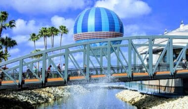 disney springs water fountain near green and blue dome